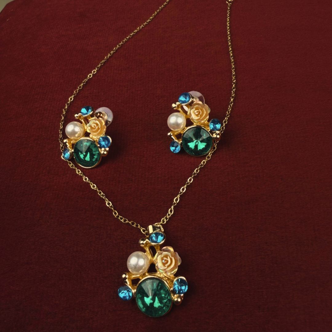 Green Stone Pendant & Earring Set for Women