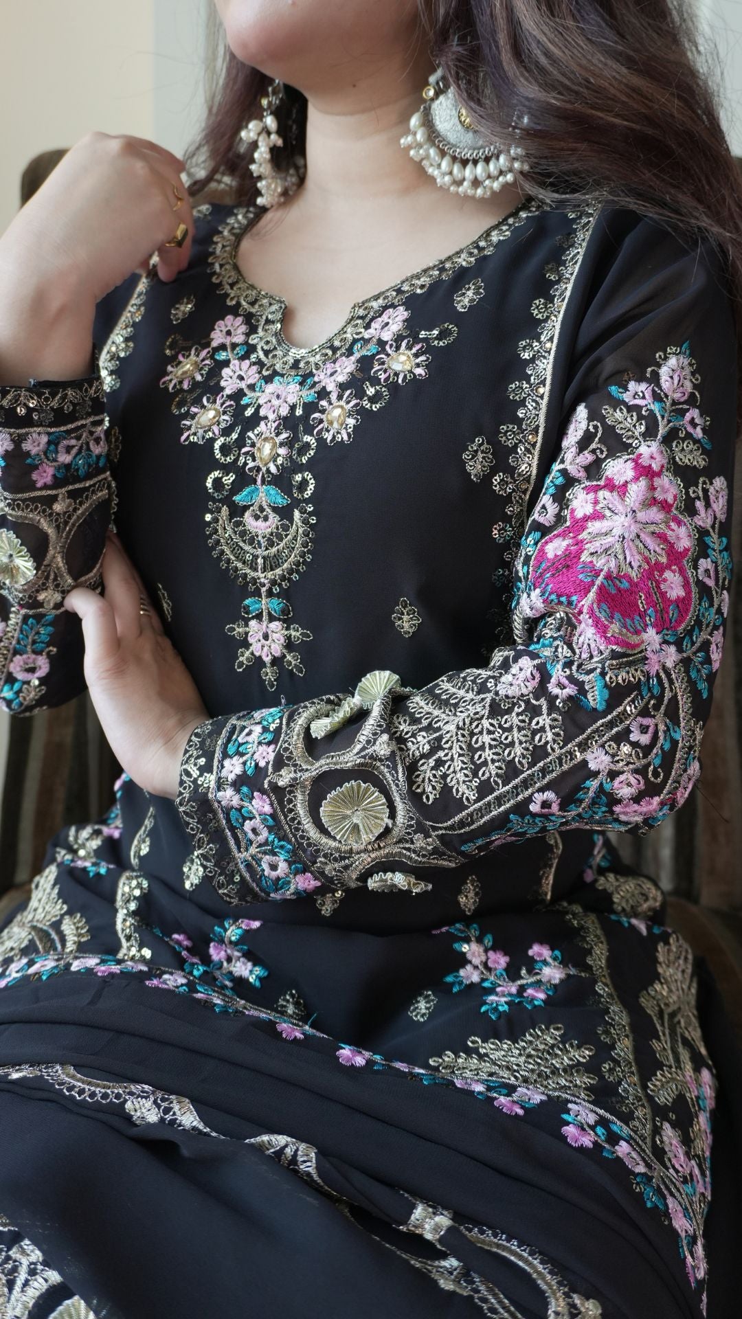 Midnight Black Embroidered Georgette Gown Set with Plazzo & Dupatta