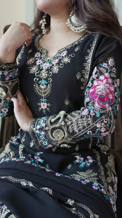 Midnight Black Embroidered Georgette Gown Set with Plazzo & Dupatta
