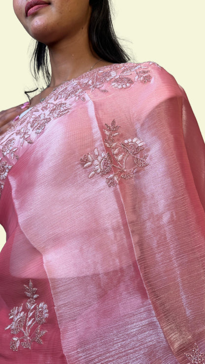 Rose Pink Floral Embroidered Crape Silk Saree