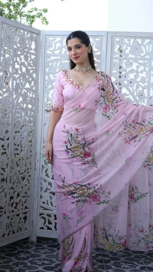 Blush Pink Floral Tabby Silk Saree with Handworked Sequins & Katdana Border