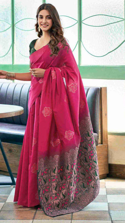 Rani Pink Soft Lichi Silk Saree with Rich Jacquard Pallu & Contrast Blouse