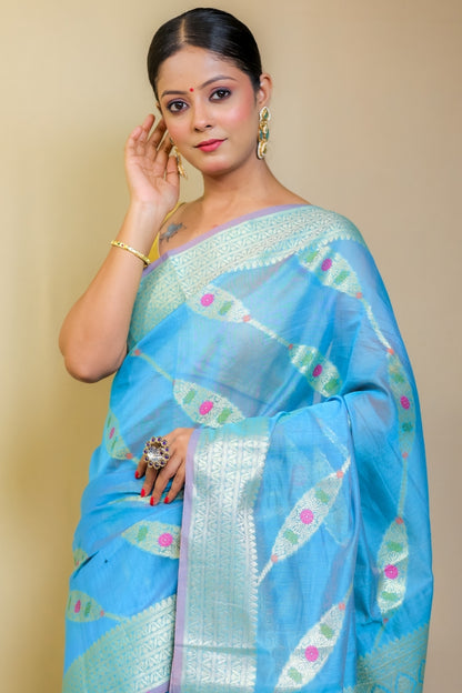 Majestic Aqua Blue Banarashe Pure Mercerised Cotton Silk Saree with Zari Motifs