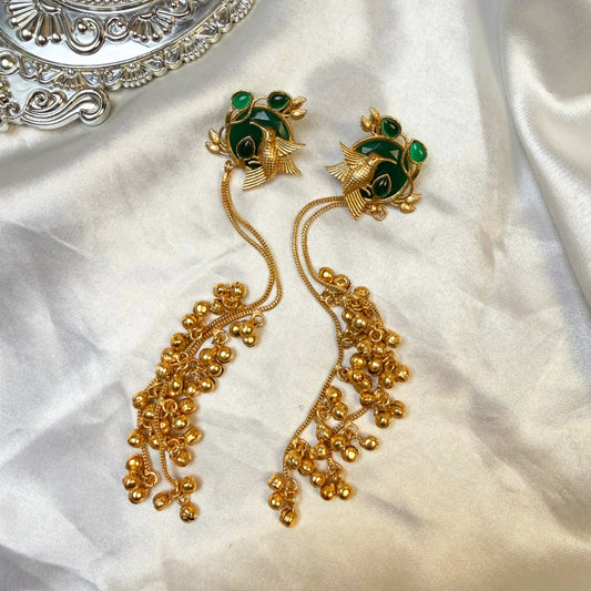 Kashmiri  Traditional Gold-Plated Dangler Earrings with Green Beads