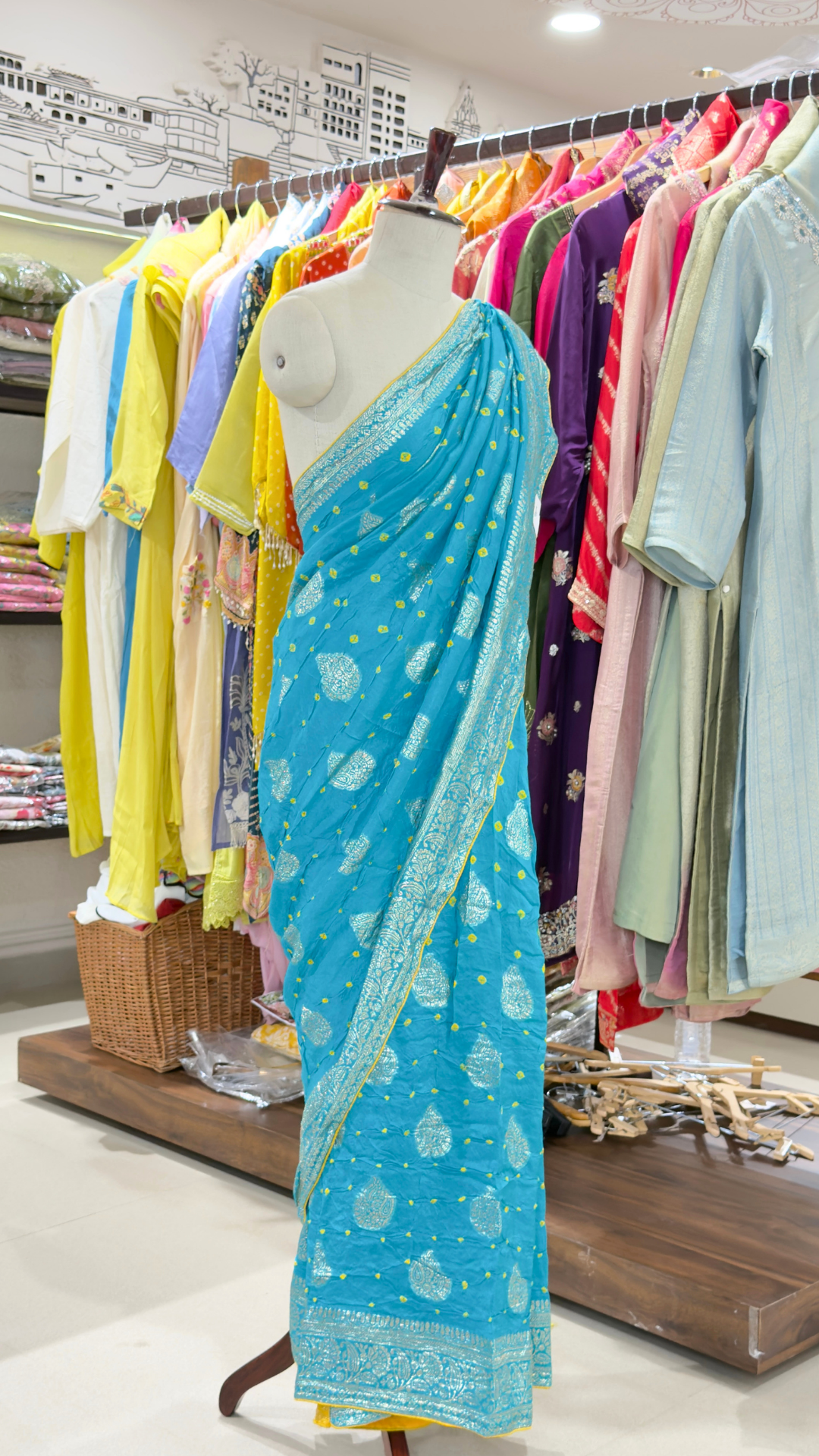 Banarashe Women’s Turquoise Blue Banarasi Saree with Golden Buti Motifs & Rich Woven Border