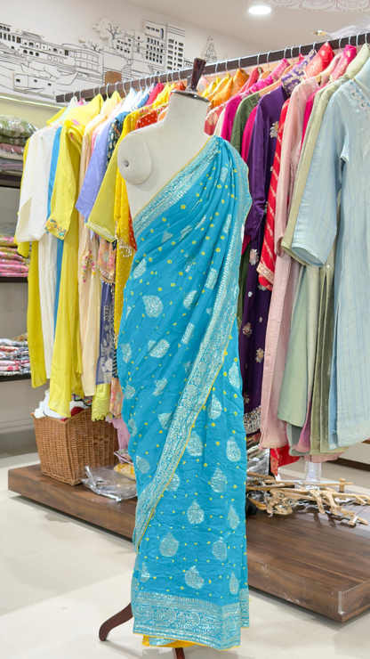 Banarashe Women’s Turquoise Blue Banarasi Saree with Golden Buti Motifs & Rich Woven Border