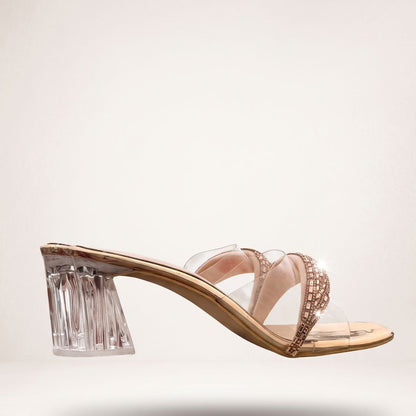 Rose Gold Rhinestone Embellished Clear Block Heel Sandals
