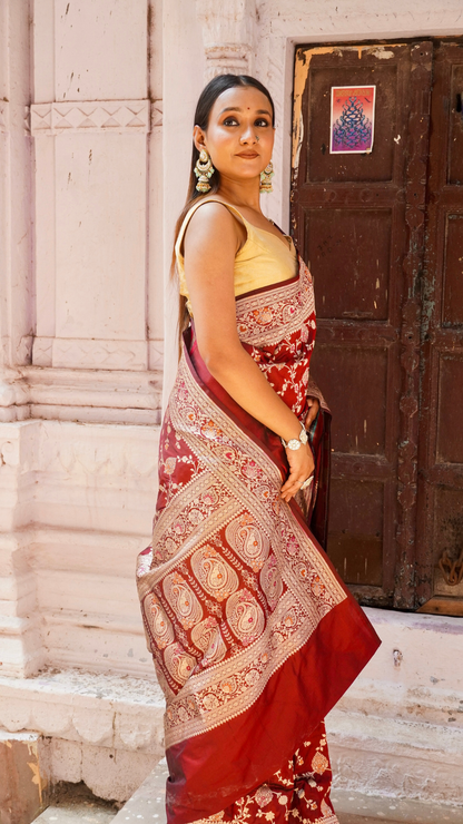 Gulab Mahal Maroon Banarasi Saree with Rose Gold Floral Weave