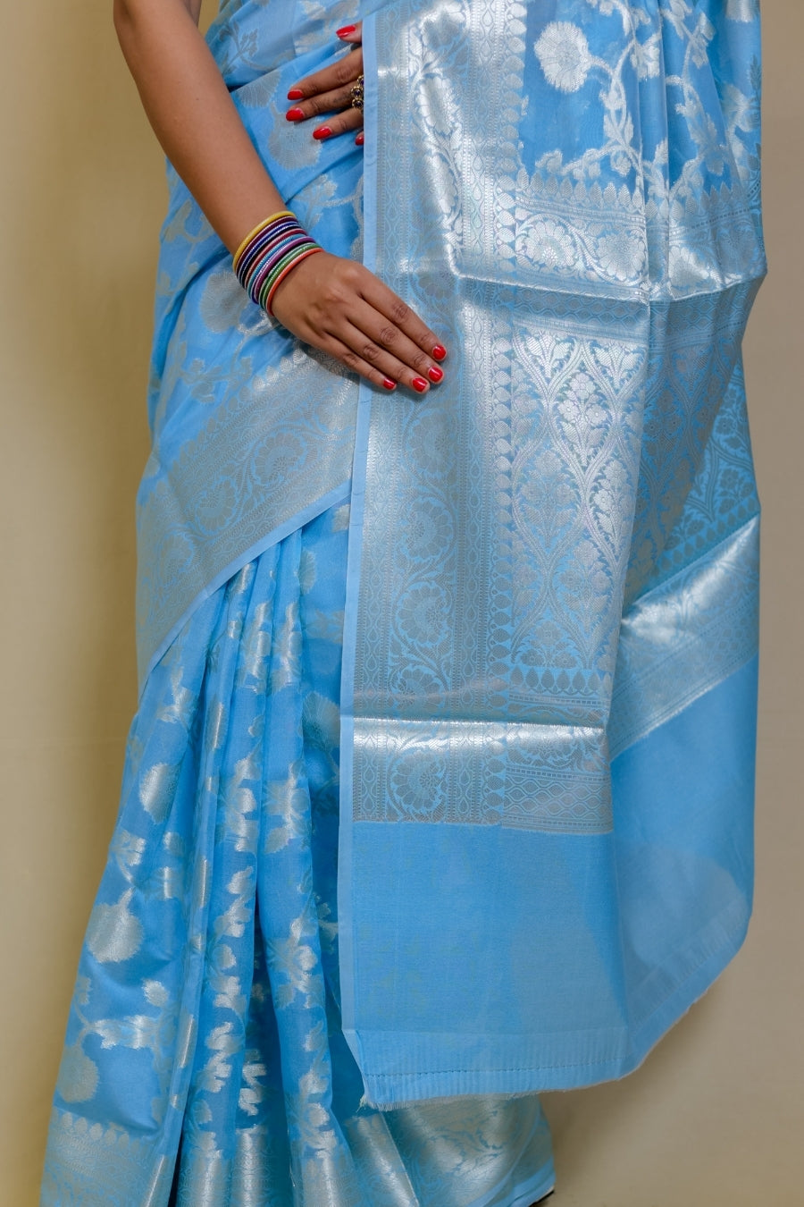 Serene Sky Blue Designer Mercerised Banarasi Kataan Monica Silk Saree