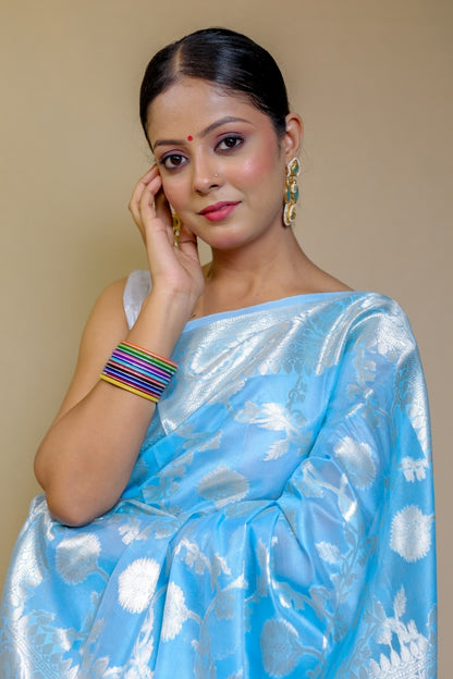 Serene Sky Blue Designer Mercerised Banarasi Kataan Monica Silk Saree