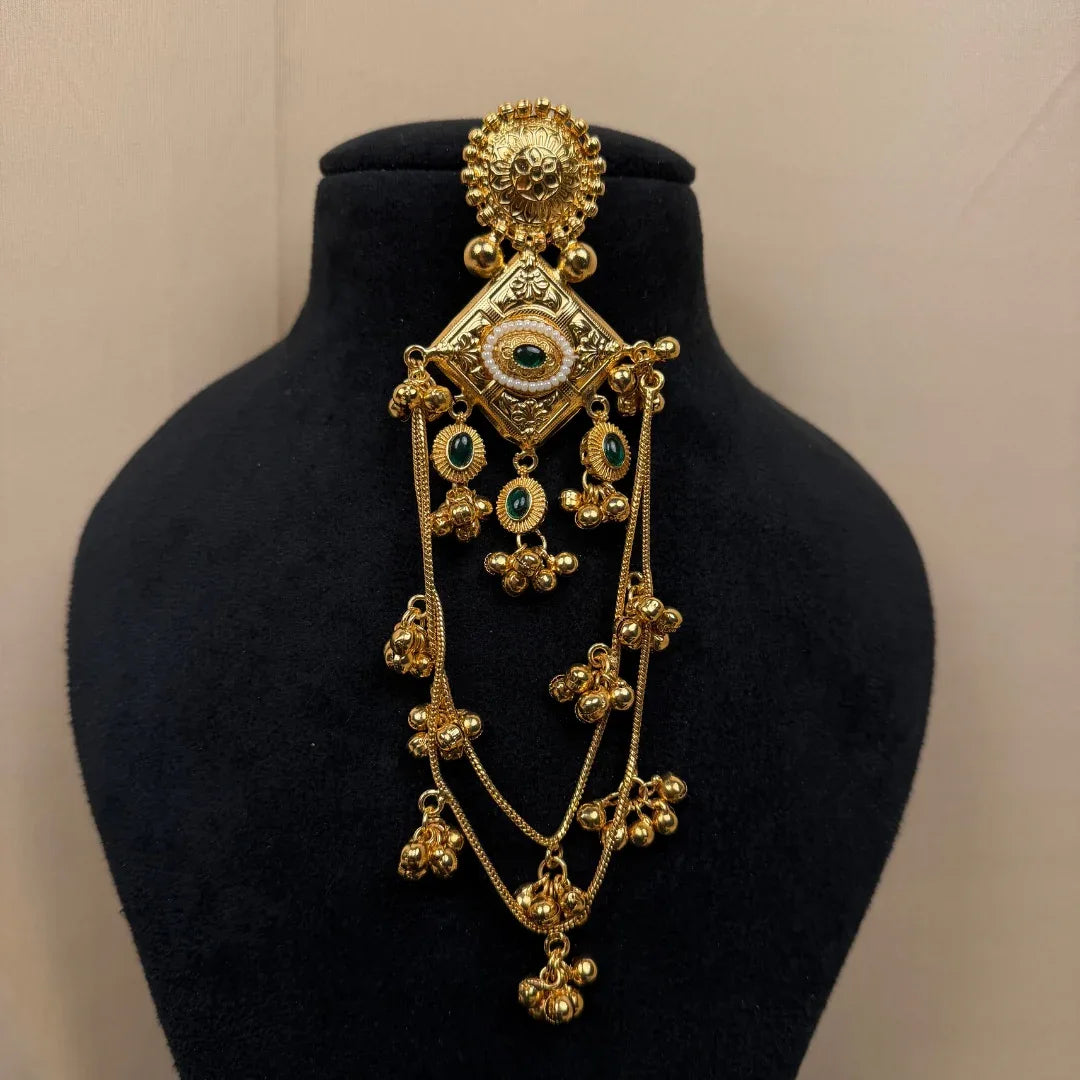 Antique Gold Geometric Drop Earrings with Green Stone & Long Ghungroo Chains