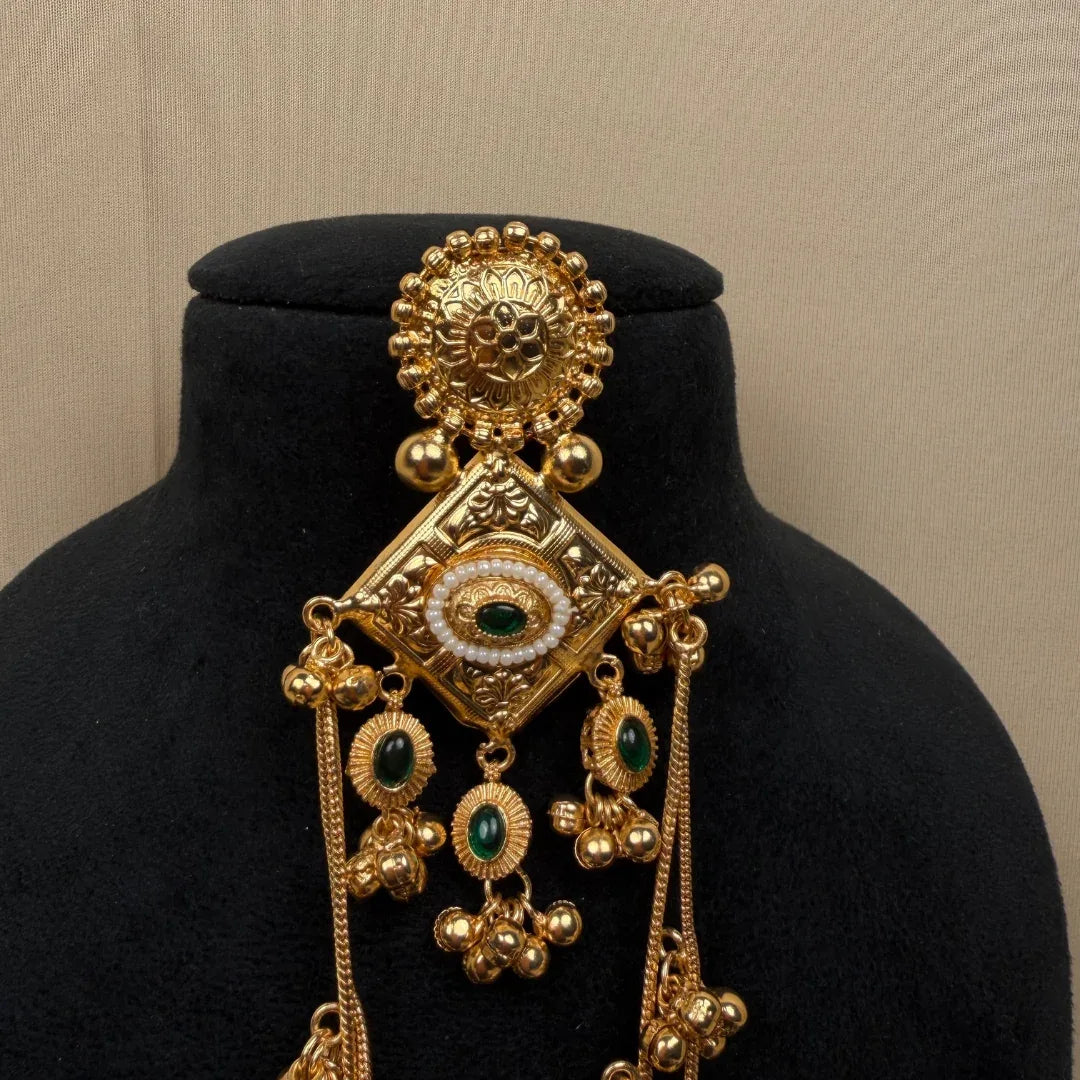 Antique Gold Geometric Drop Earrings with Green Stone & Long Ghungroo Chains