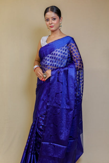 Regal Electric Blue Designer Banarasi Pure Silk Saree with Geometric and Floral Weave