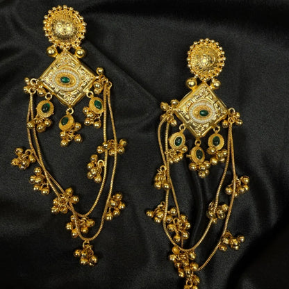 Antique Gold Geometric Drop Earrings with Green Stone & Long Ghungroo Chains