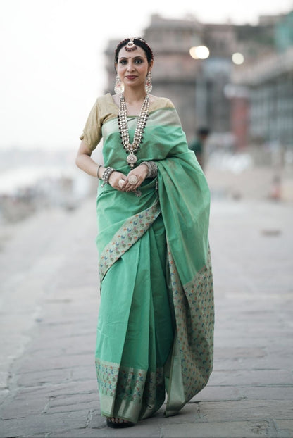 Regal Leaf Motif Katan Silk Saree in Emerald Green