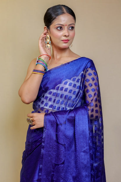 Regal Electric Blue Designer Banarasi Pure Silk Saree with Geometric and Floral Weave