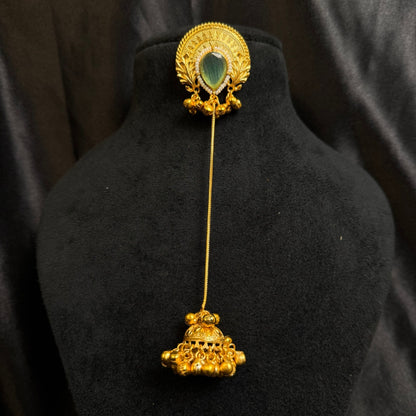 Traditional Earrings with Green Stone, Long Chain Jhumka