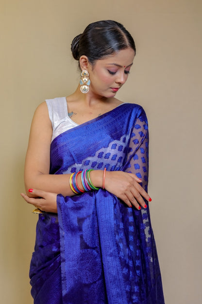 Regal Electric Blue Designer Banarasi Pure Silk Saree with Geometric and Floral Weave