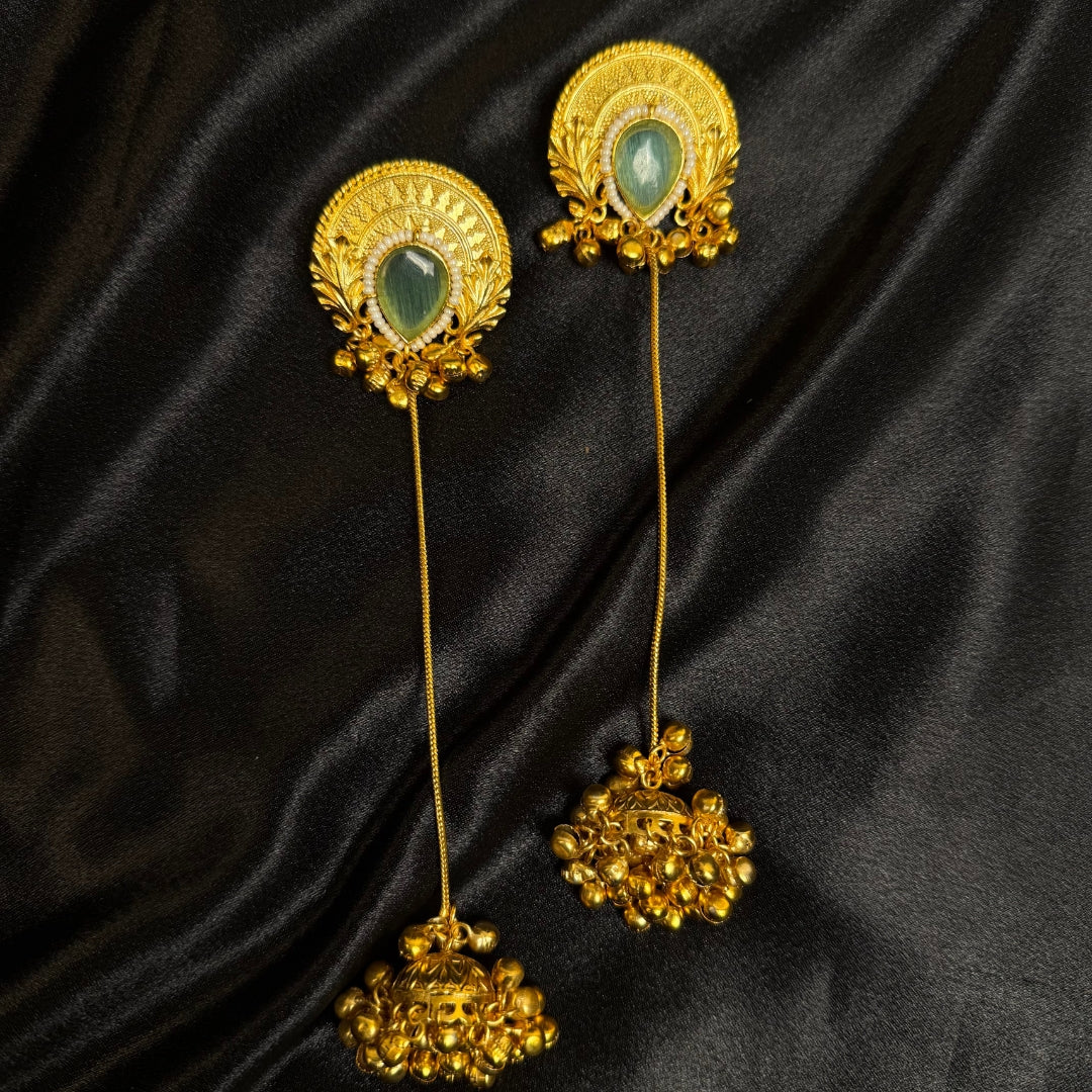 Traditional Earrings with Green Stone, Long Chain Jhumka