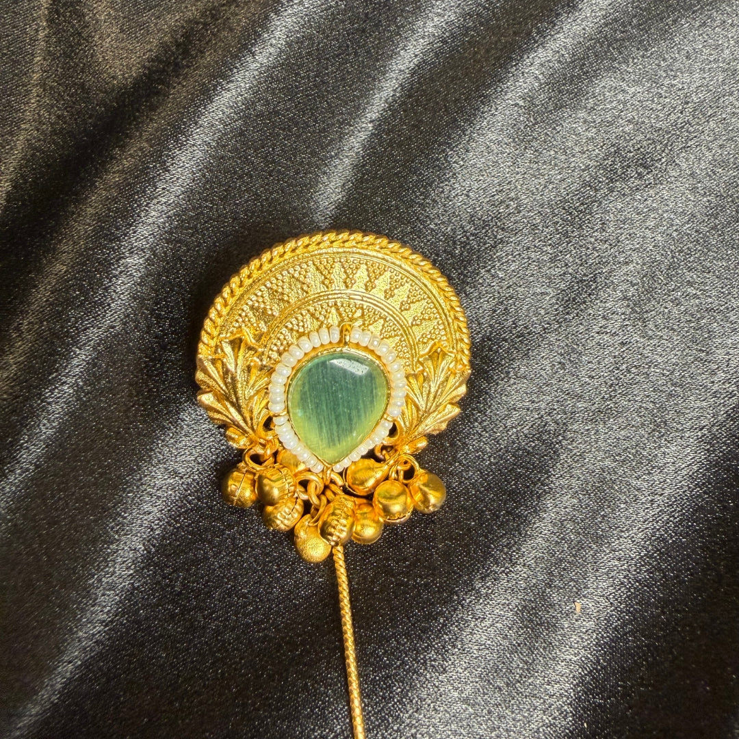 Traditional Earrings with Green Stone, Long Chain Jhumka