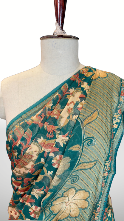 BanaraShe Teal Blue Floral Printed Saree with Traditional Paisley & Floral Motifs