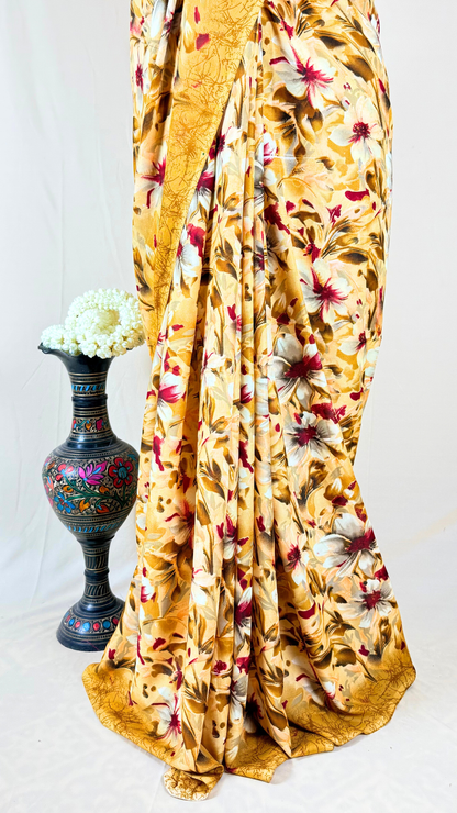 Folor Print Banarasi Georgette Saree (Yellow)