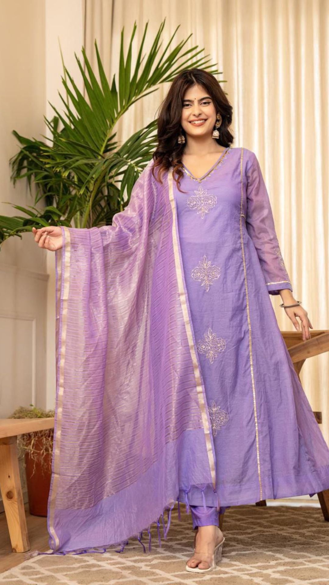 Lavender Premium Mul Chanderi Embroidered Anarkali Kurta Pant Set with Banarasi Dupatta