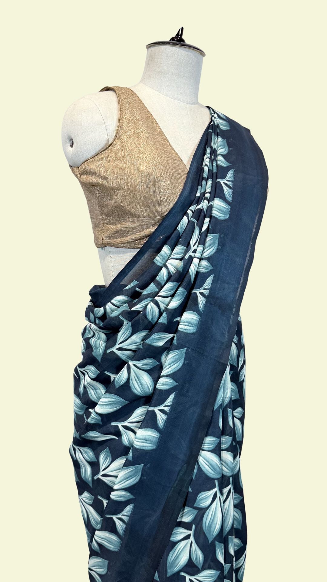 Navy Blue Leaf Printed Synthetic Saree