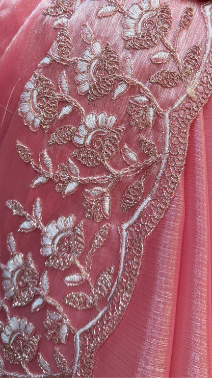 Rose Pink Floral Embroidered Crape Silk Saree