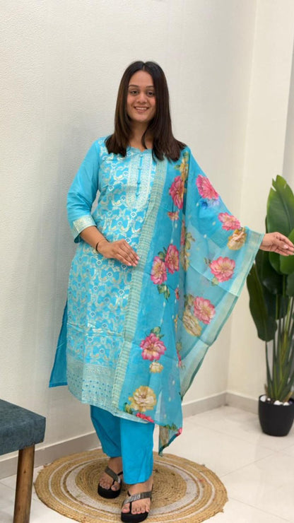 Premium Banarasi Kurti Set with Floral Dupatta