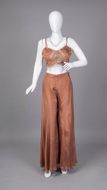 Banarashe Women’s Copper Brown Embroidered Peplum Top with Flared Palazzo & Draped Statement Jacket Co-Ord Set