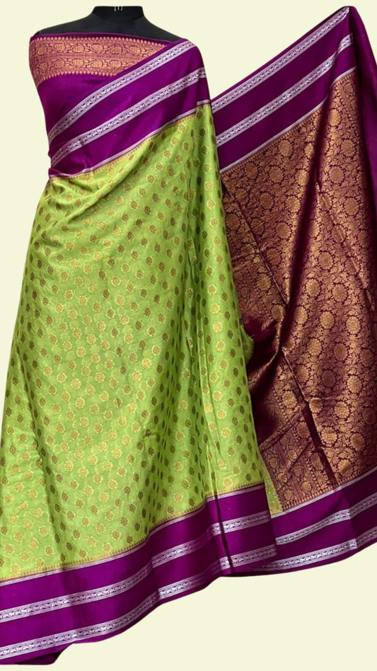 Green Raw Mango Silk Saree with Zari Booti Work & Wine Purple Designer Border