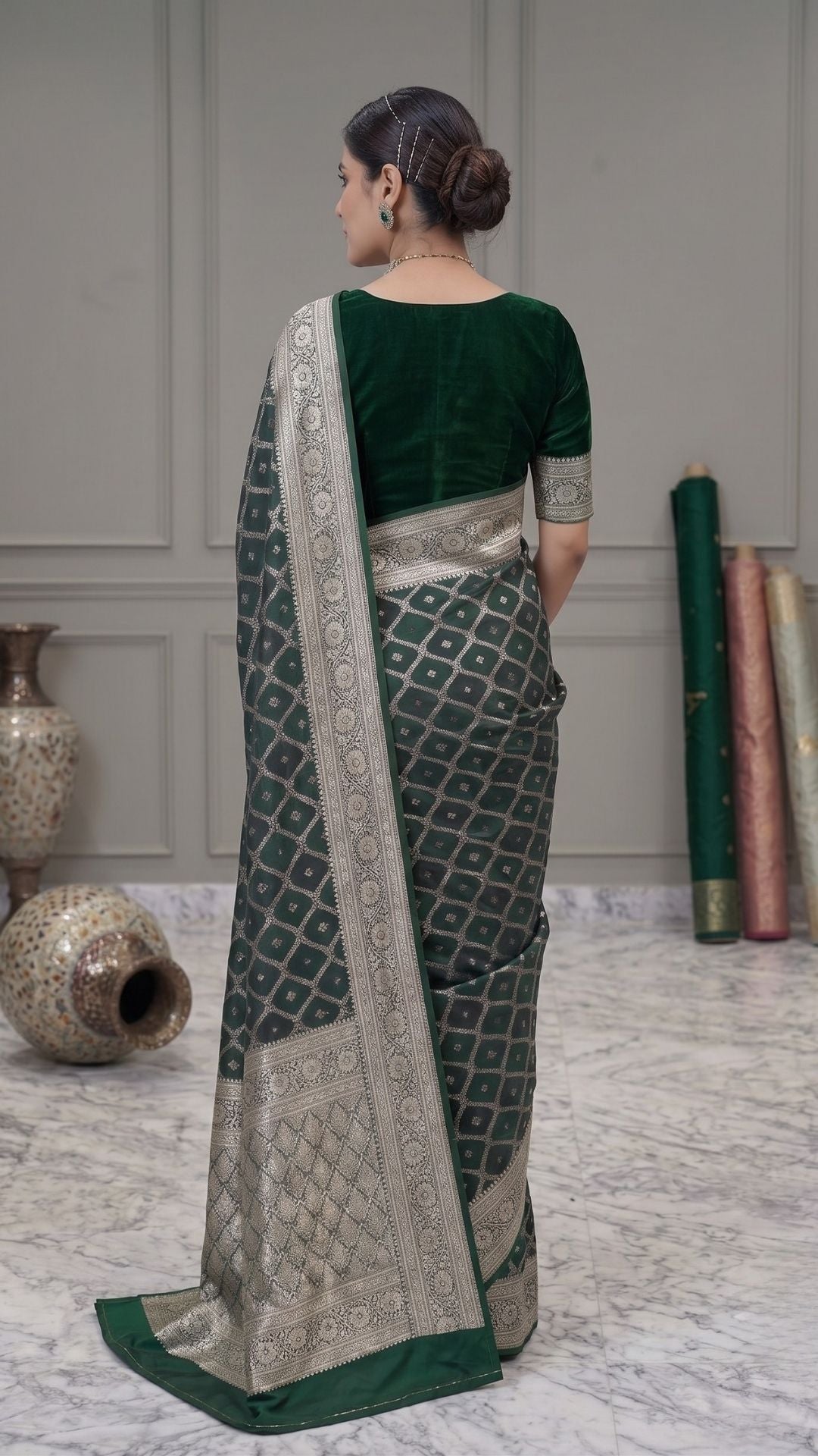 Banarashe Dark Green Mashru Silk Saree with Silver Zari Woven Geometric Motifs, Traditional Border & Designer Pallu