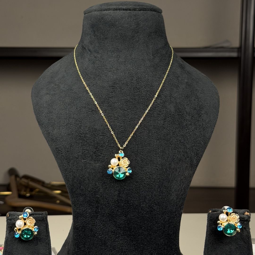 Green Stone Pendant & Earring Set for Women