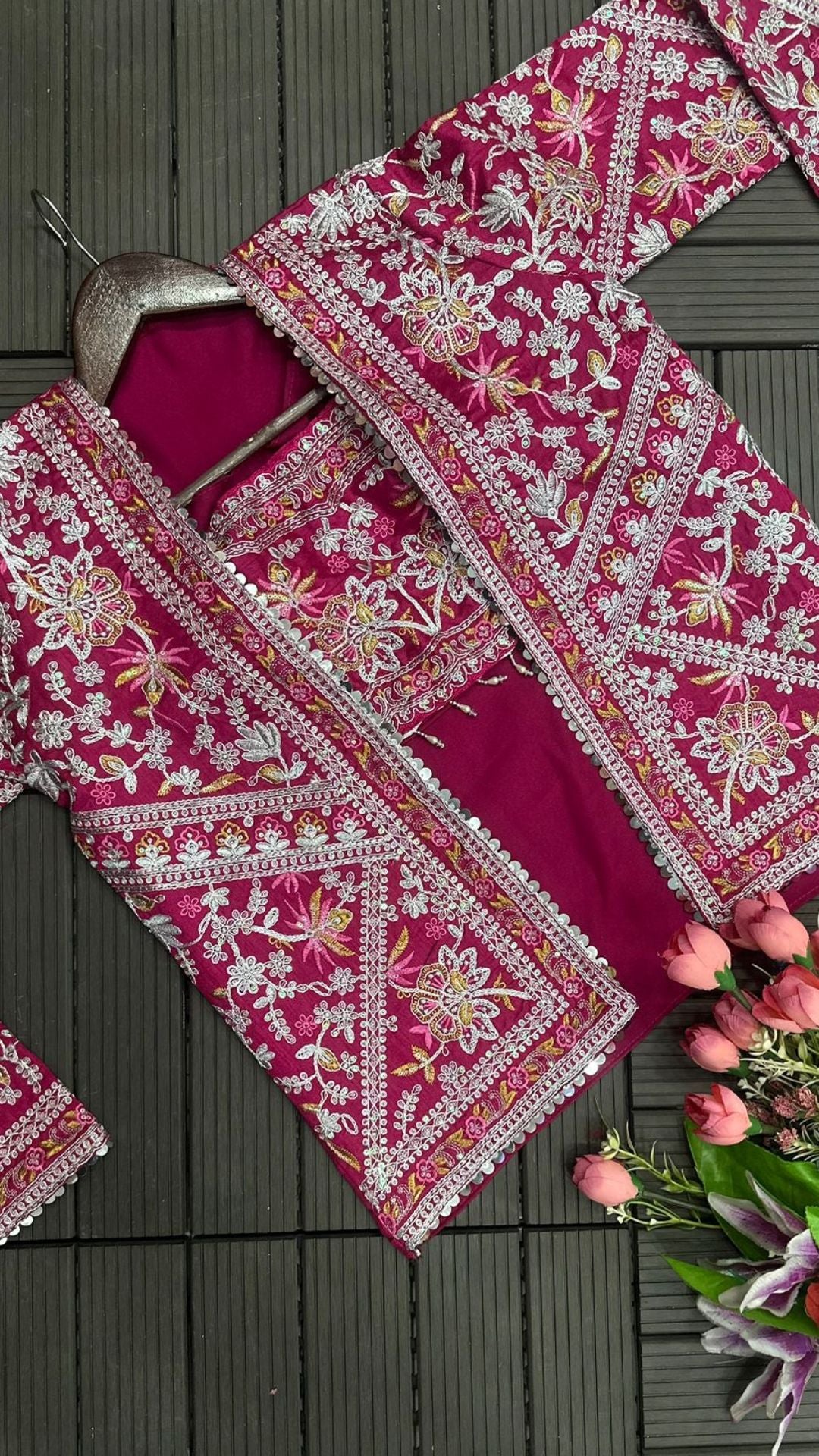 Royal Rani Pink Embroidery Cording Ready-to-Wear Saree with Full Koti