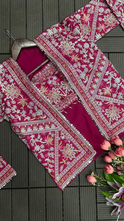 Royal Rani Pink Embroidery Cording Ready-to-Wear Saree with Full Koti