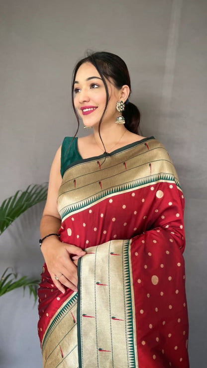 Premium Red Polka Paithani Soft Silk Saree with Rich Woven Pallu & Tassels
