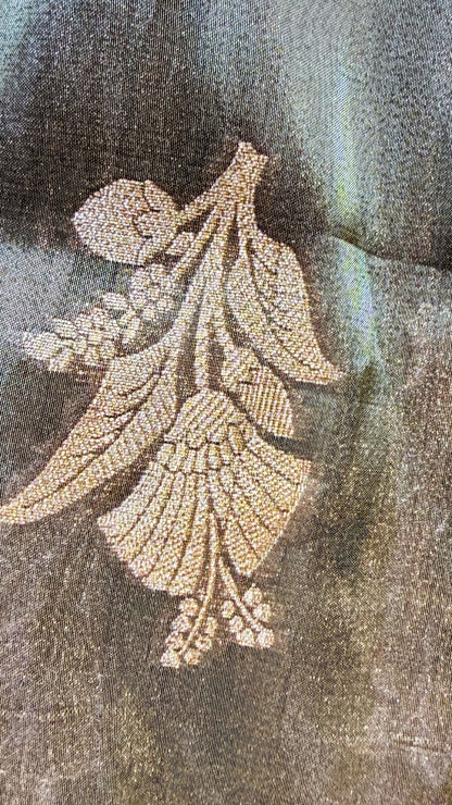 Grey Cotton Tissue Saree with Floral Zari Weaving Border