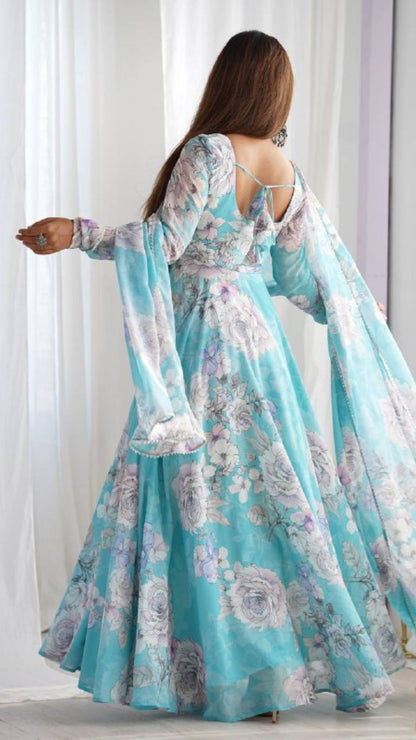 Sky Blue Floral Print Anarkali Suit with Dupatta for Women