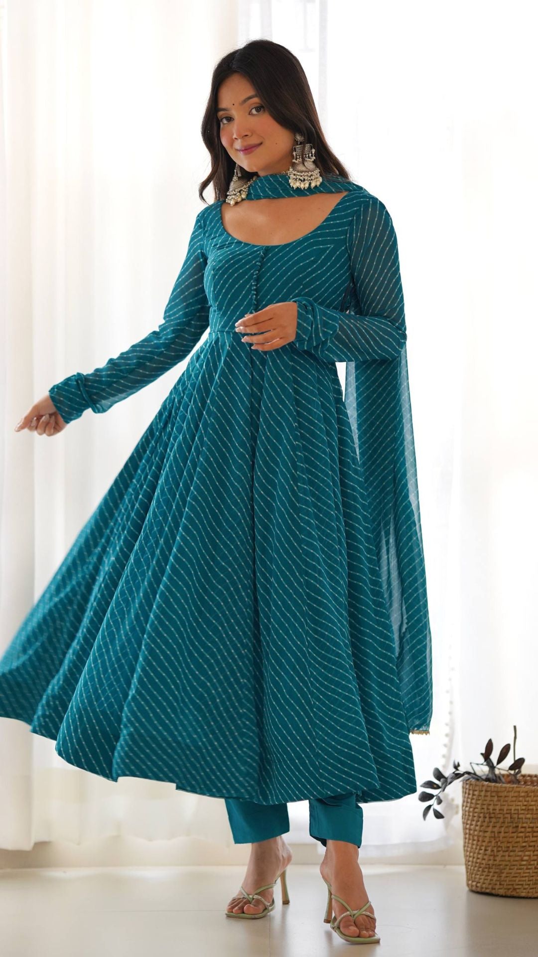 Rama Blue Fox Georgette Laheriya Anarkali Set with Dupatta