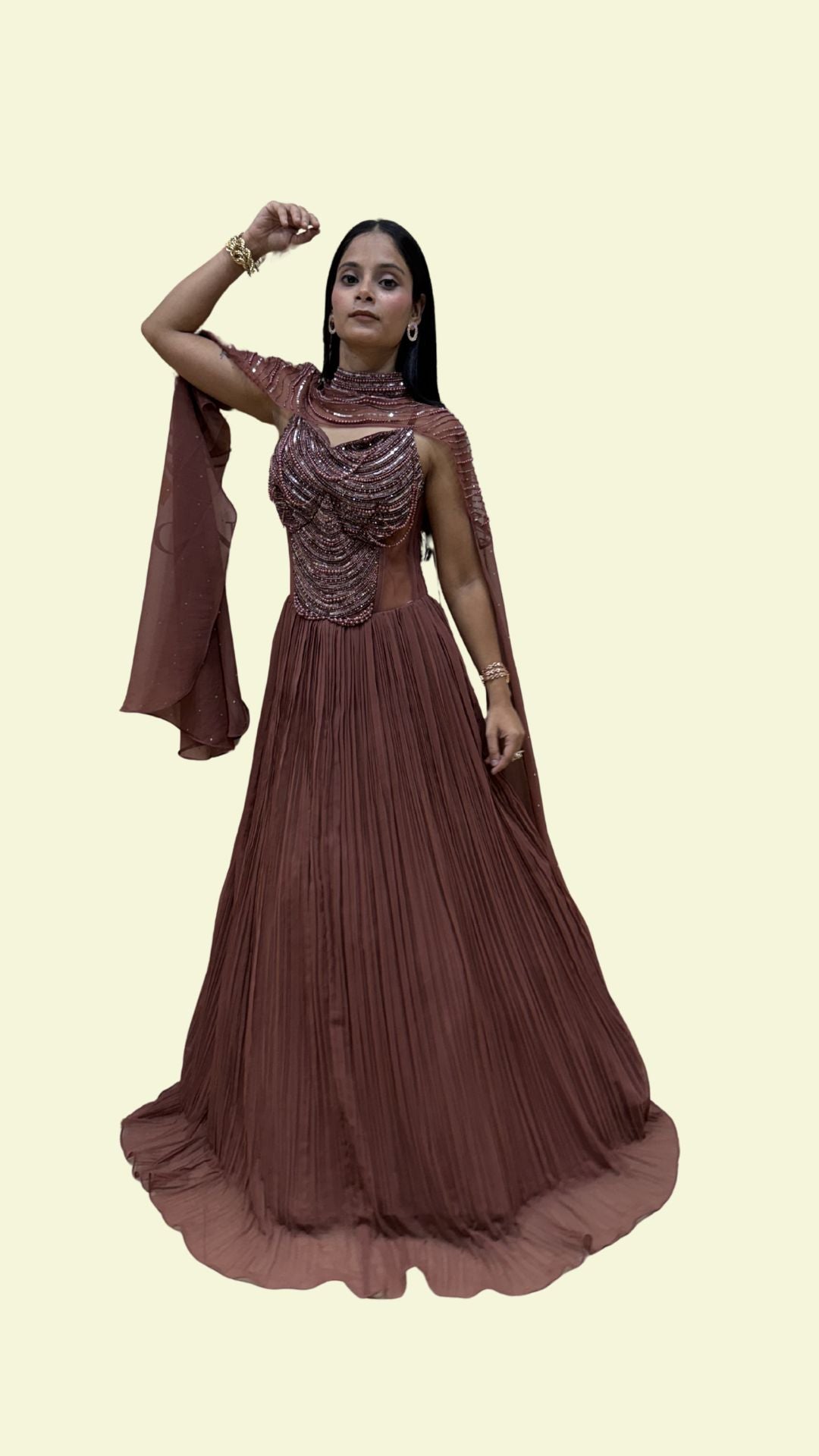 Designer Reception Gown for Women with Cape Sleeves | Engagement & Party Wear Dress