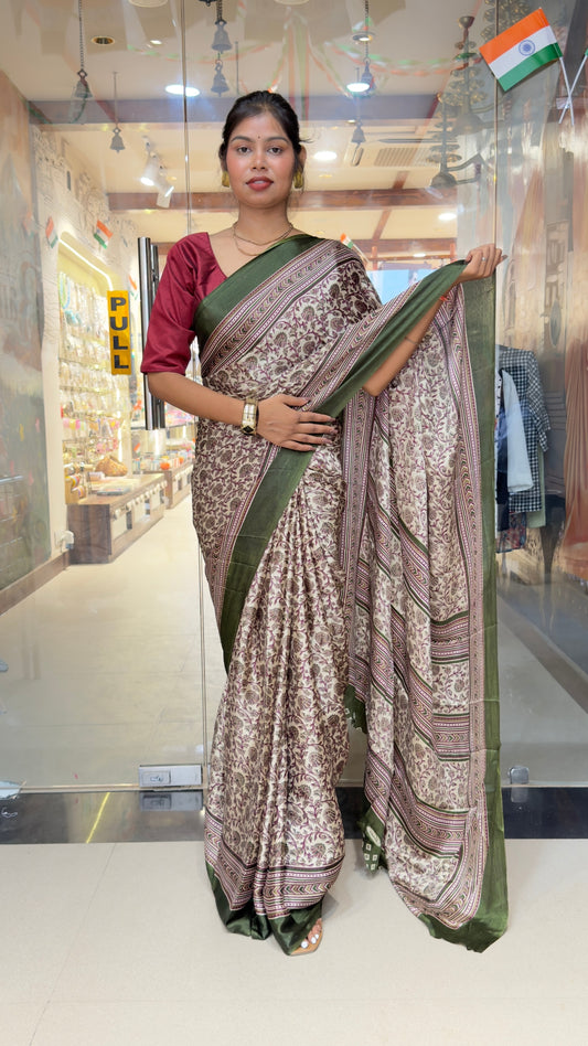 Elegant Beige & Olive Green Printed Silk Saree with Traditional Border