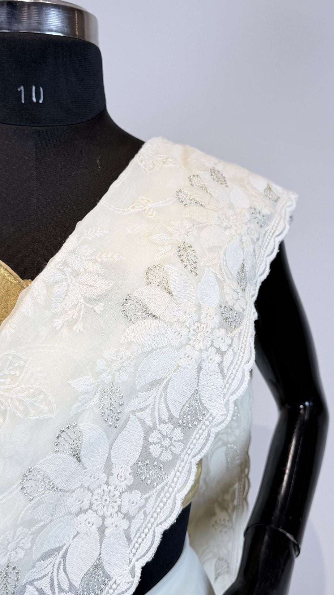 White Semi Chikankari Embroidered Saree with Floral Border Work