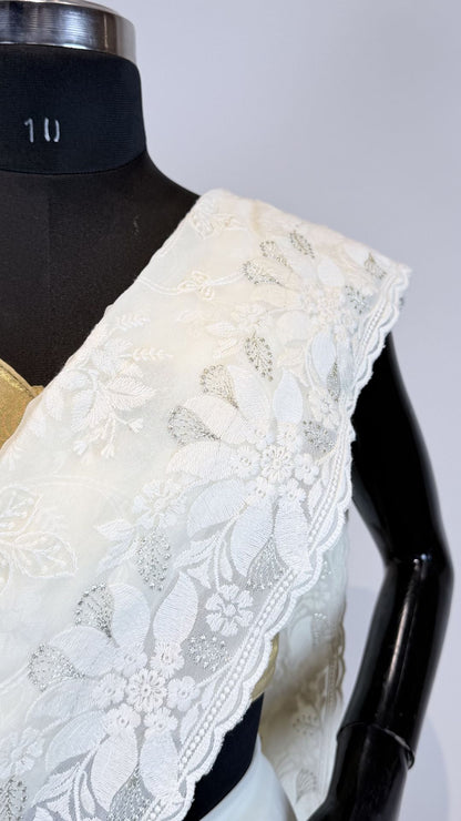 White Semi Chikankari Embroidered Saree with Floral Border Work
