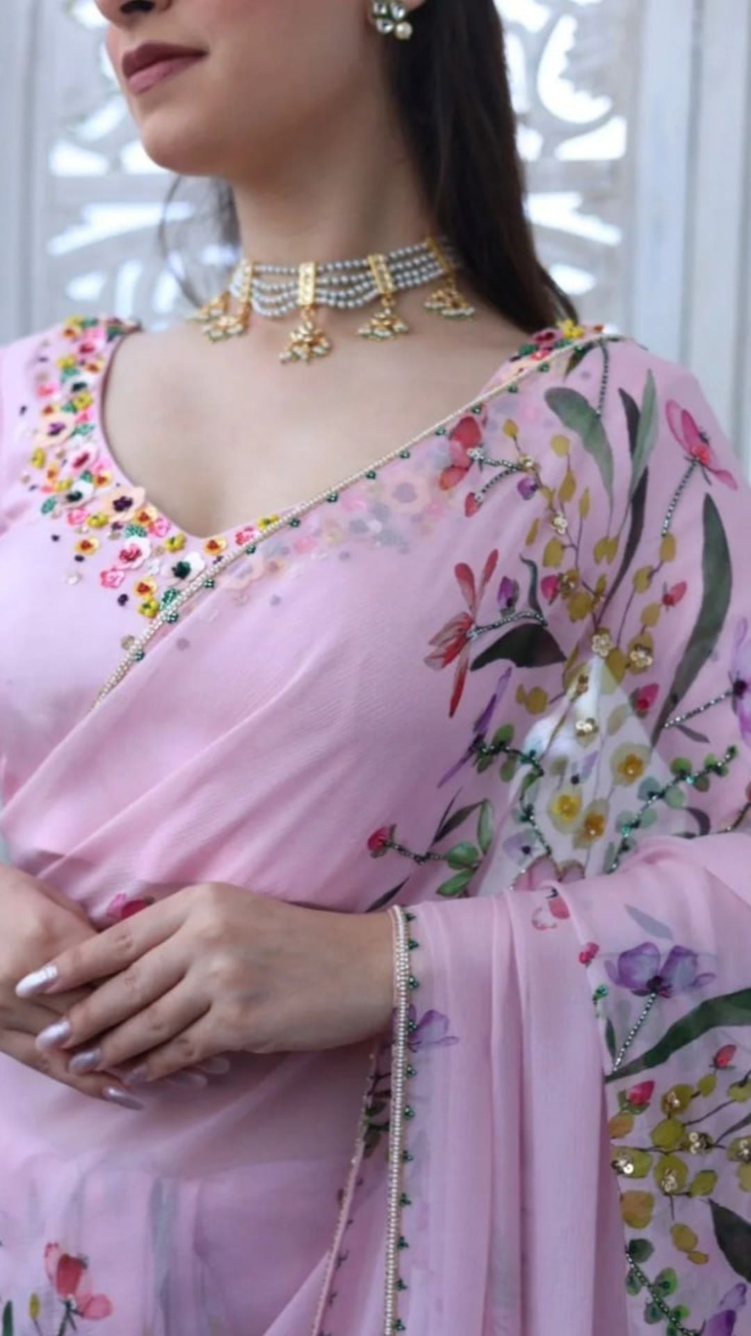 Blush Pink Floral Tabby Silk Saree with Handworked Sequins & Katdana Border