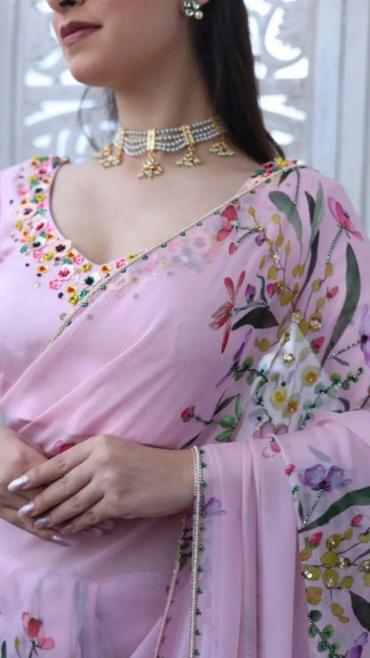 Blush Pink Floral Tabby Silk Saree with Handworked Sequins & Katdana Border
