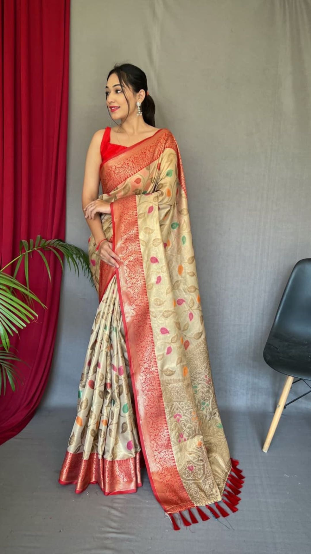Gold Organza Tissue Silk Saree with Multicolor Buti & Red Zari Border