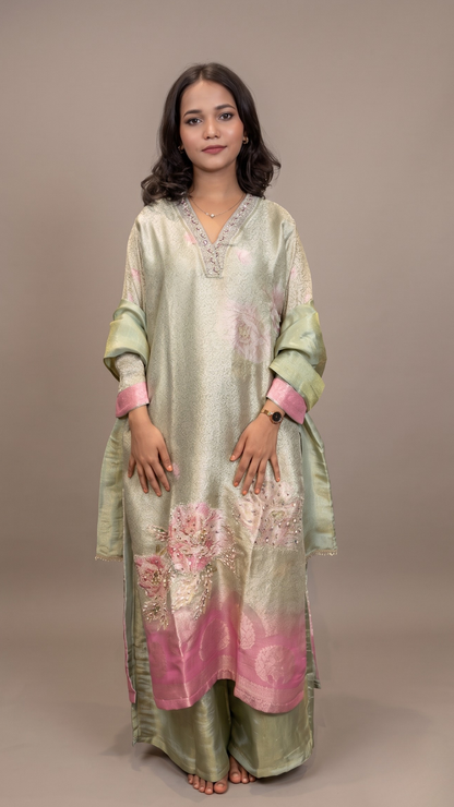 Premium Pastel Floral Print Straight Kurta With Palazzo & Dupatta Set