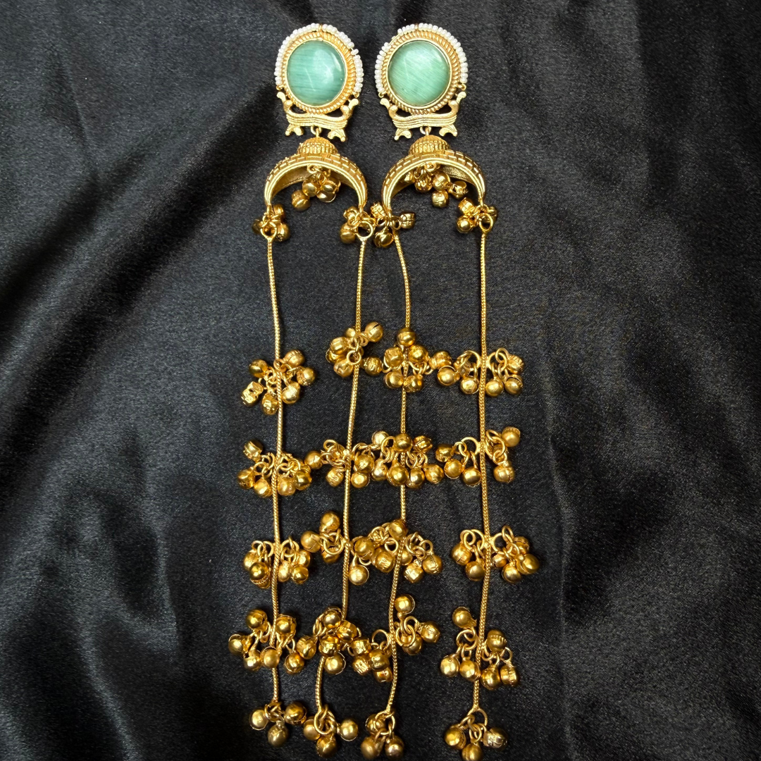 Banarashe Crescent Chain Earrings Sea Green Stone Temple Danglers for Festive Elegance
