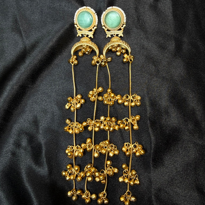 Banarashe Crescent Chain Earrings Sea Green Stone Temple Danglers for Festive Elegance